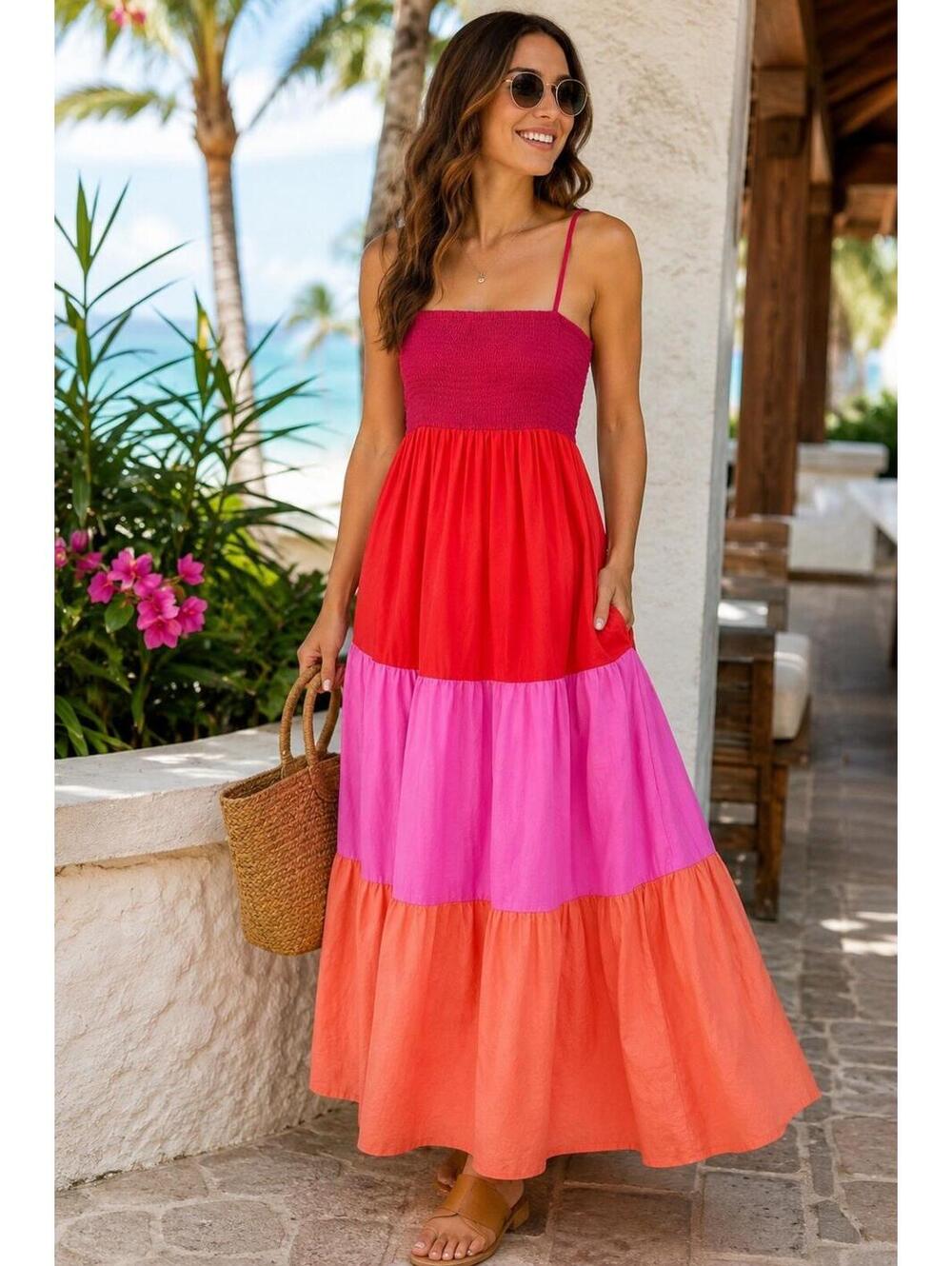 LOFT Outlet 100% Cotton Petite M Colorblock Maxi Dress Pink Orange Smocked NWT